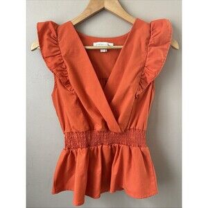 Monteau Los Angeles Women’s Orange Top Ruffle Sleeves Gathered Waist Size L